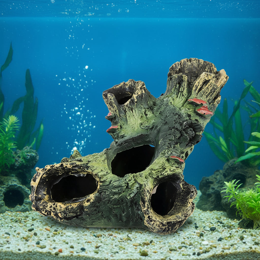 Decorative aquarium ornament resembling a tree stump