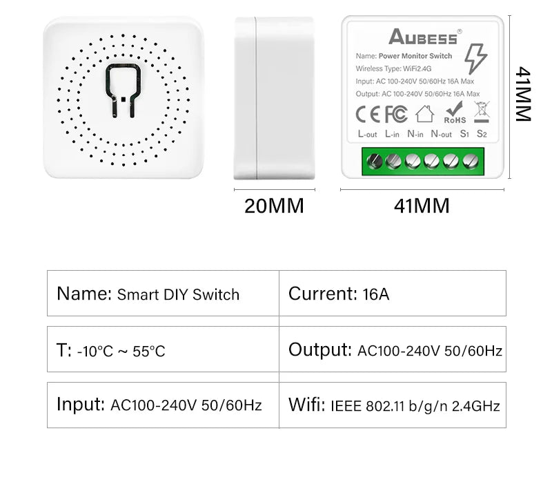 16A WiFi Smart Switch – 2-Way Mini Breaker Module with Energy Monitoring