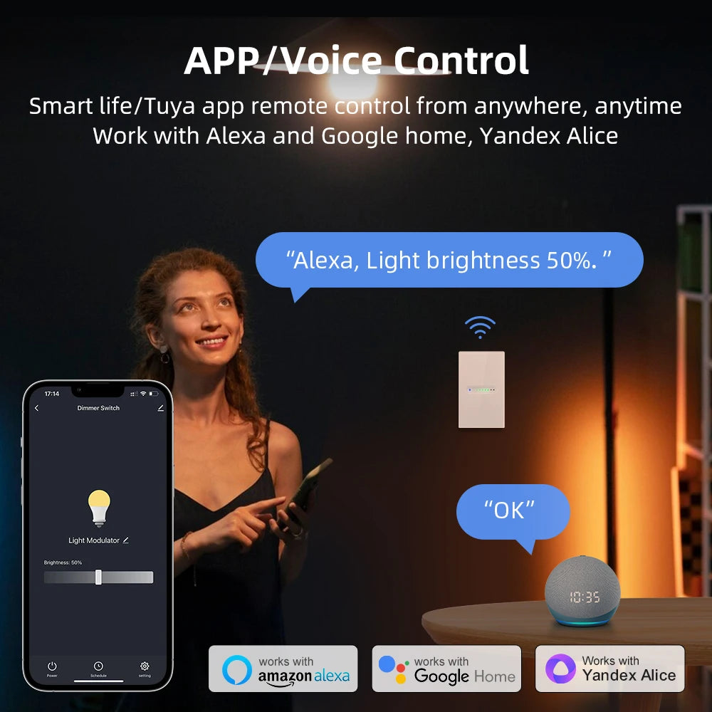WiFi/Zigbee Smart Dimmer Switch – Touch Glass Panel, APP &amp; Voice Control (1/2 Gang)