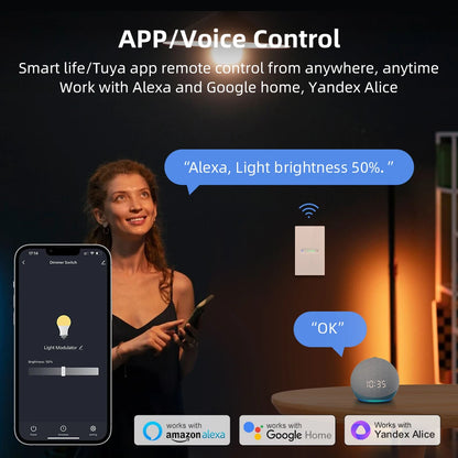WiFi/Zigbee Smart Dimmer Switch – Touch Glass Panel, APP &amp; Voice Control (1/2 Gang)