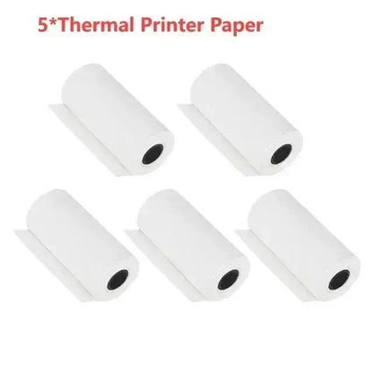Five rolls of 5" thermal printer paper, ideal for high-quality printing and easy use in thermal printers.