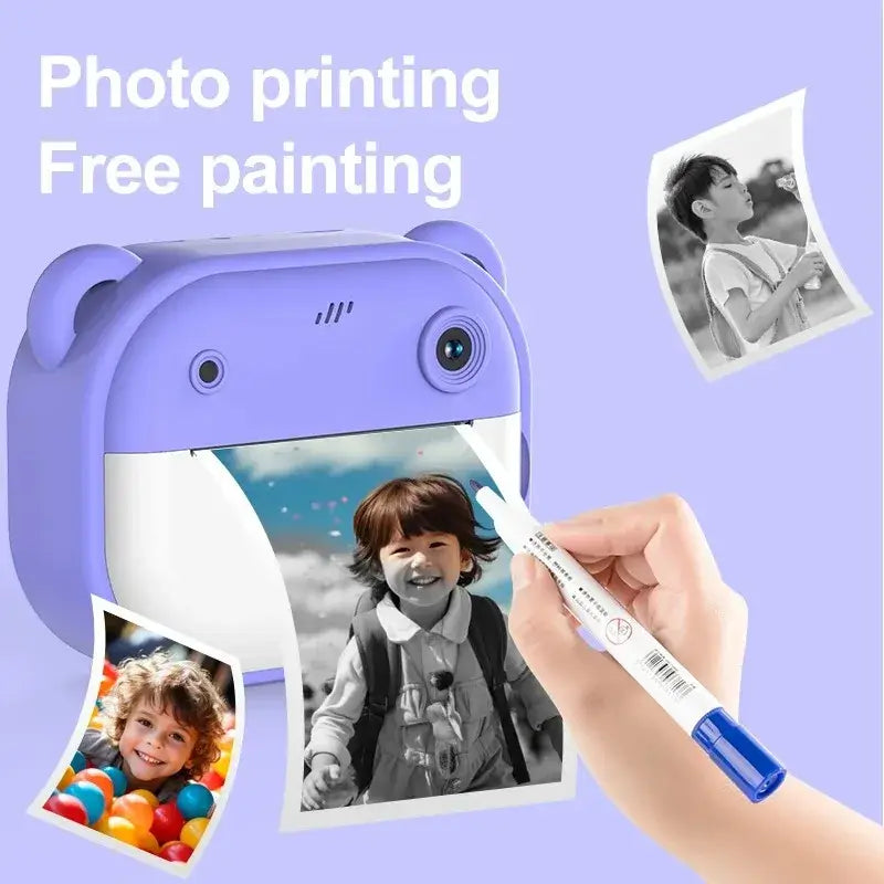 Children's digital camera with photo printing feature, showcasing photos and a child drawing on them.