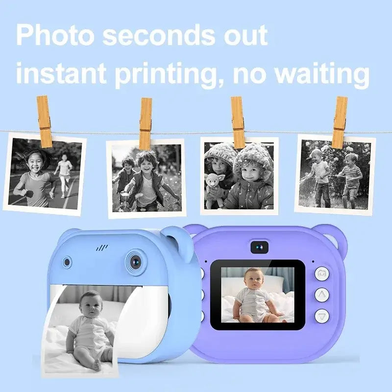 Children's digital camera with instant printing feature, showcasing photos hanging on a line, perfect for kids.