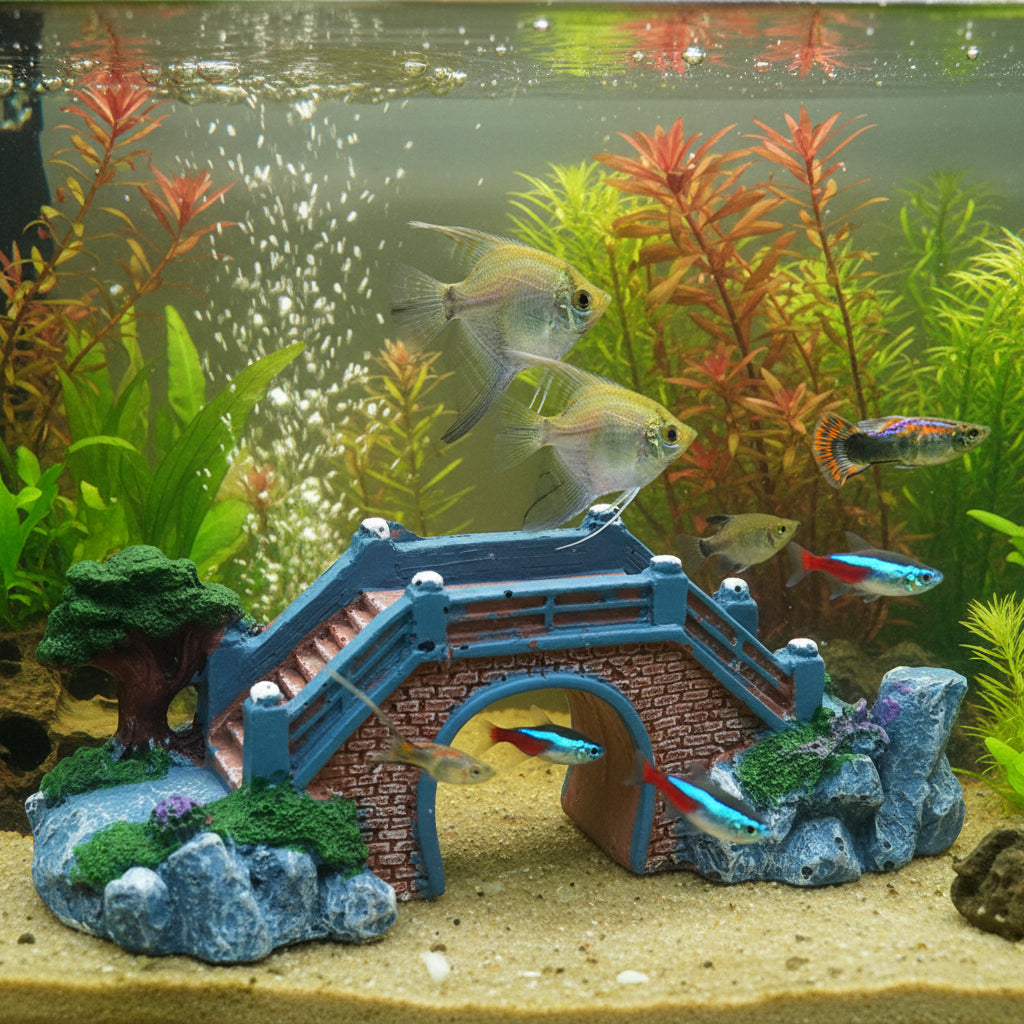 Decorative miniature bridge with trees and rocks 