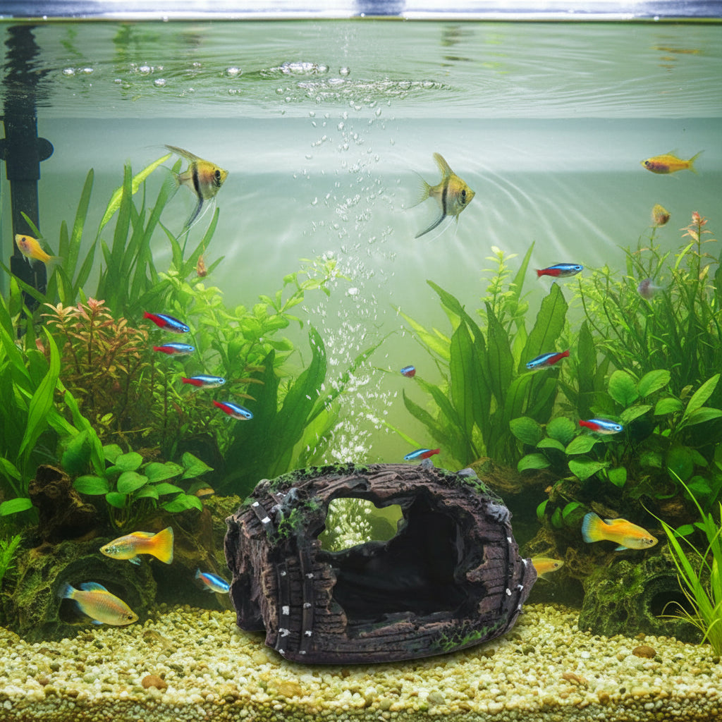 Decorative aquarium cave with a natural wood texture and green moss on a white background