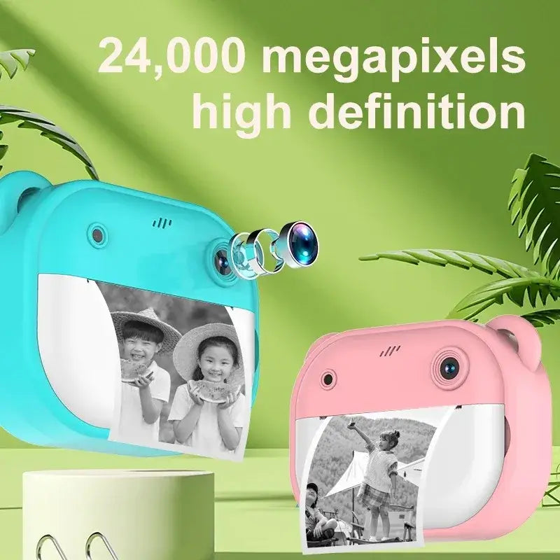 Children's digital camera in blue and pink with 24,000 megapixels, showcasing instant print feature for kids.