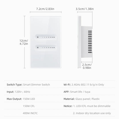 WiFi/Zigbee Smart Dimmer Switch – Touch Glass Panel, APP &amp; Voice Control (1/2 Gang)