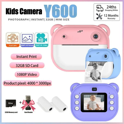 Children's digital camera Y600 in pink and blue, featuring instant print, 32GB card, and 1080P video for kids.