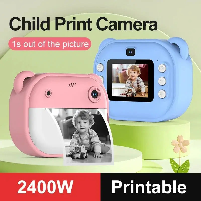 Colorful children's digital print camera, ideal for kids aged 6-12, showcasing a print in action.