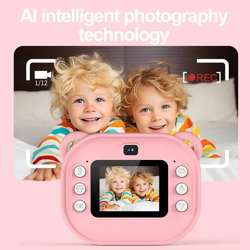 Children's digital camera featuring AI technology and dual screen, perfect for kids' photography fun.